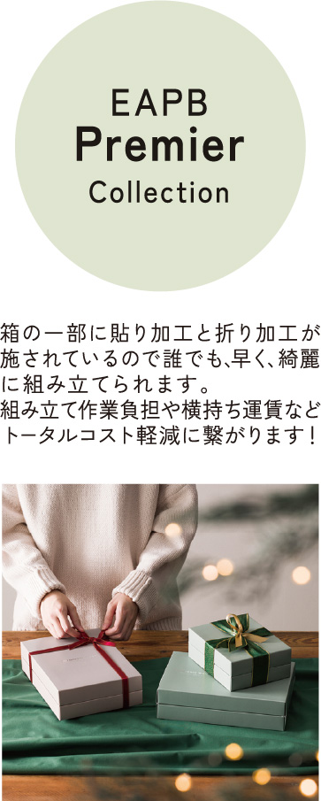 EAPB Premier Collection 箱の一部に貼り加工と折り加工が施されているので誰でも、早く、きれいに組み立てられます。組み立て作業負担や横持ち運賃などトータルコスト削減に繋がります。